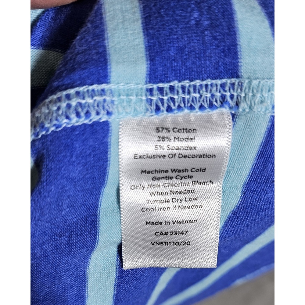 T By Talbots Top Womens Size Large Blue Striped Short Sleeve Open Neck Stretch - Picture 4 of 7
